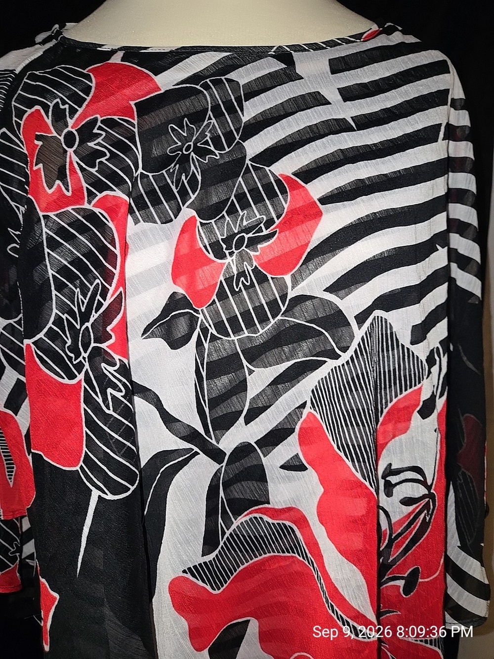 Alfred Dunner Black, White & Red Floral Stripe A-Line Top